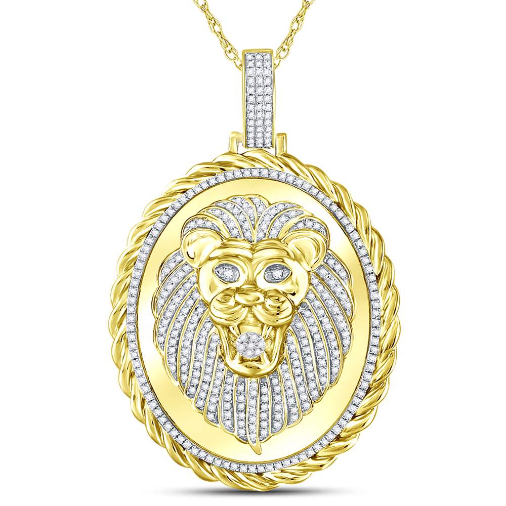 10K Yellow Gold Round Diamond Oval Lion Face Rope Charm Pendant 1 Cttw - Splendid Jewellery