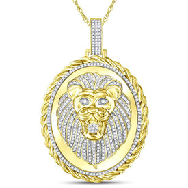 10K Yellow Gold Round Diamond Oval Lion Face Rope Charm Pendant 1 Cttw - Splendid Jewellery