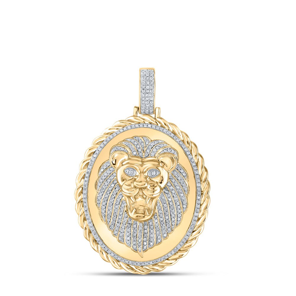10K Yellow Gold Round Diamond Oval Lion Face Rope Charm Pendant 1 Cttw - Splendid Jewellery