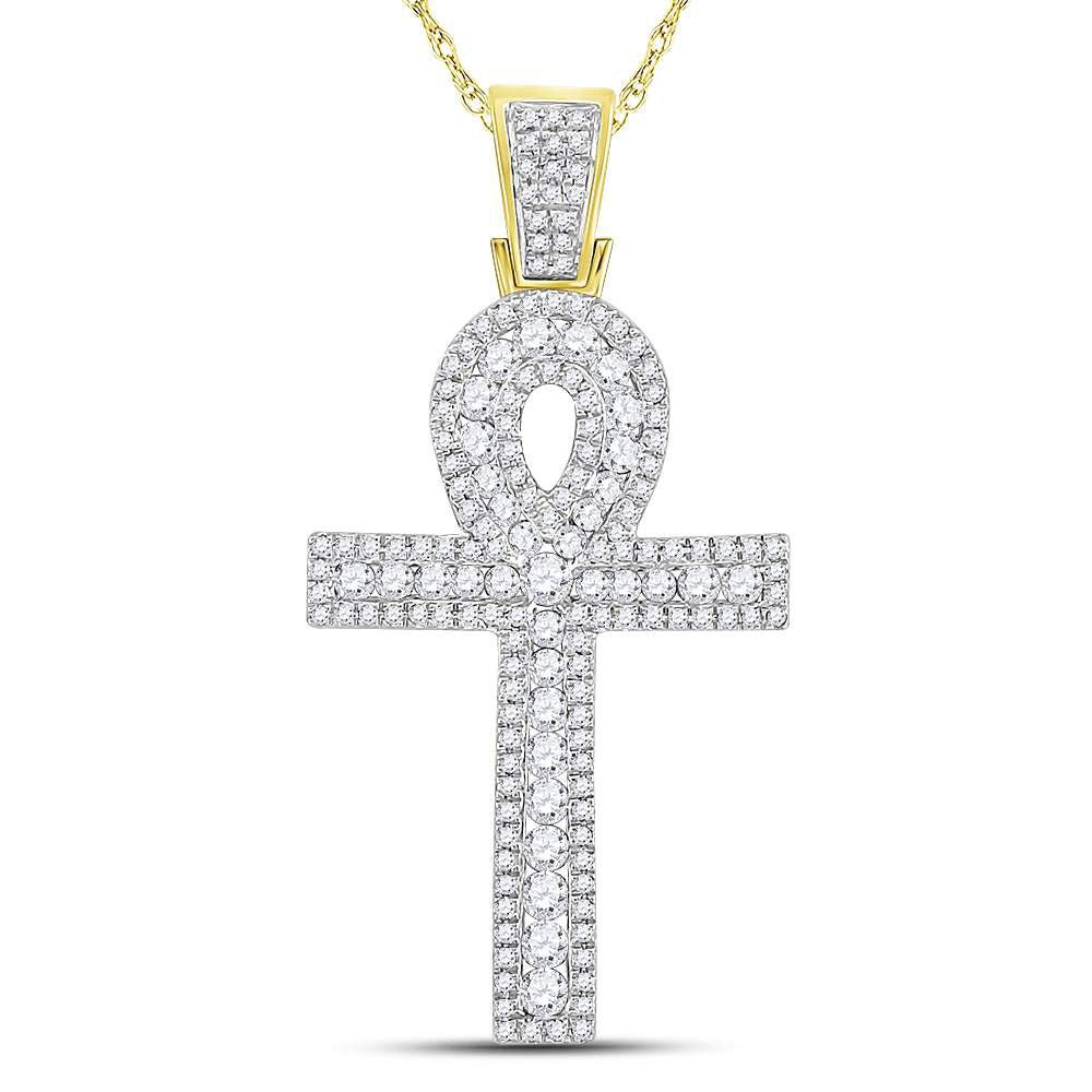 10K Yellow Gold Round Diamond Ankh Cross Charm Pendant 1 Cttw - Splendid Jewellery