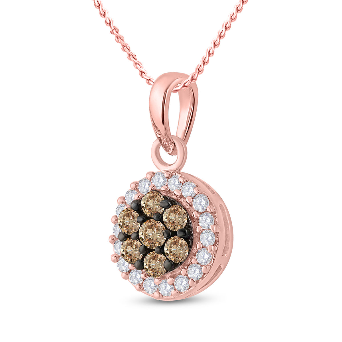 10K Rose Gold Round Brown Diamond Womens Flower Cluster Pendant 3/8 Cttw - Splendid Jewellery