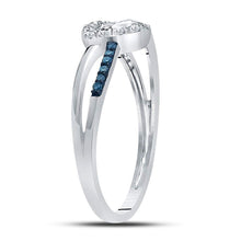 Load image into Gallery viewer, Enchanting Blue Diamond Heart Ring | 10kt White Gold Womens Round Blue Color Enhanced Diamond Captured Heart Ring 1/10 Cttw | Splendid Jewellery Side View 2 from Splendid Jewellery