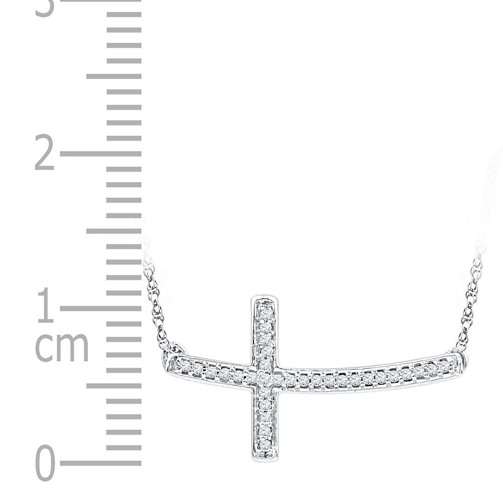 Sterling Silver Round Diamond Sterling Silver Womens Horizontal Sideways Cross Necklace 1/10 Cttw - Splendid Jewellery