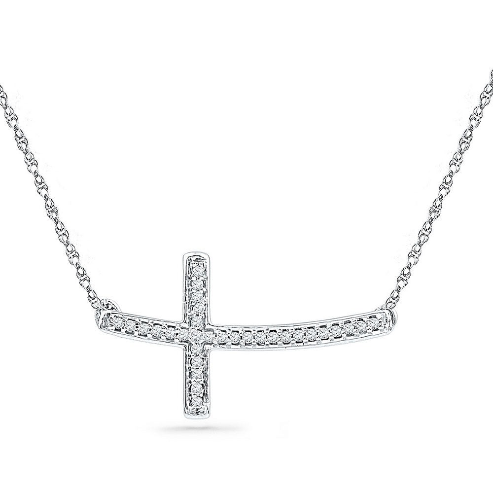 Sterling Silver Round Diamond Sterling Silver Womens Horizontal Sideways Cross Necklace 1/10 Cttw - Splendid Jewellery