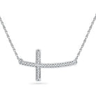 Sterling Silver Round Diamond Sterling Silver Womens Horizontal Sideways Cross Necklace 1/10 Cttw - Splendid Jewellery