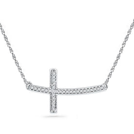 Sterling Silver Round Diamond Sterling Silver Womens Horizontal Sideways Cross Necklace 1/10 Cttw - Splendid Jewellery