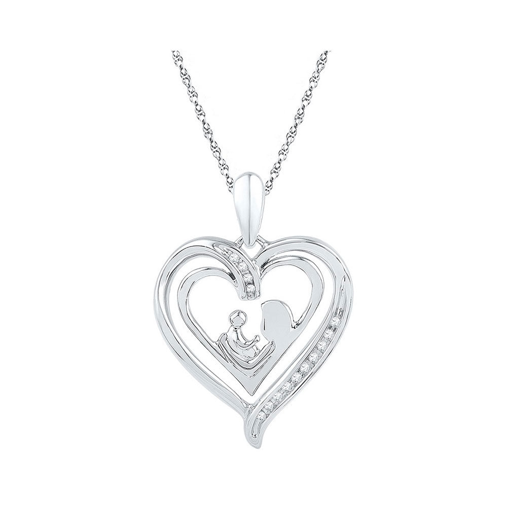 Sterling Silver Round Diamond Sterling Silver Womens Mom Mother Child Heart Pendant 1/20 Cttw - Splendid Jewellery