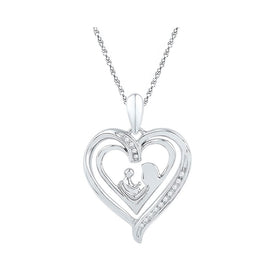 Sterling Silver Round Diamond Sterling Silver Womens Mom Mother Child Heart Pendant 1/20 Cttw - Splendid Jewellery