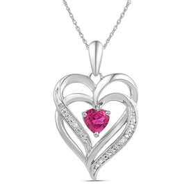 Sterling Silver Round Lab - Created Pink Sapphire Double Heart Pendant 0.01 Cttw - Splendid Jewellery