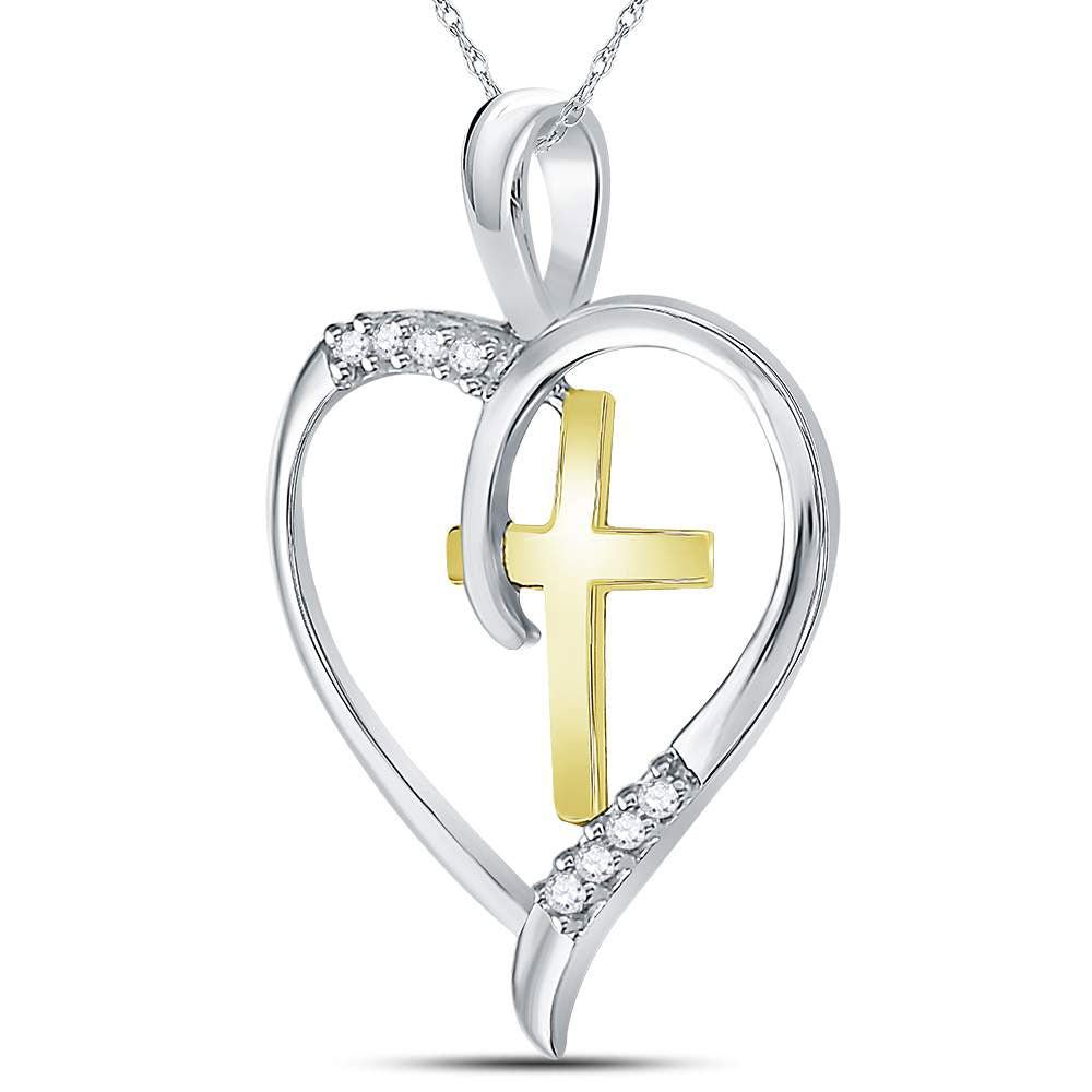 Sterling Silver Round Diamond Sterling Silver Womens Heart & Cross Two - Tone Pendant 1/20 Cttw - Splendid Jewellery