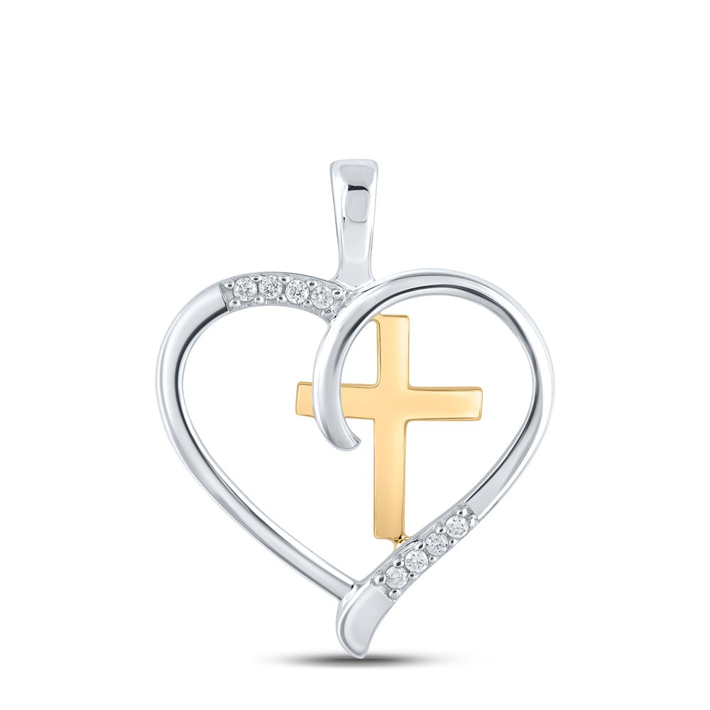 Sterling Silver Round Diamond Sterling Silver Womens Heart & Cross Two - Tone Pendant 1/20 Cttw - Splendid Jewellery
