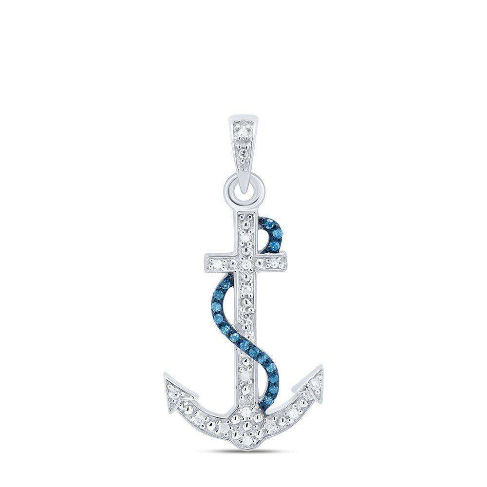 Sterling Silver Womens Blue Color Enhanced Round Diamond Nautical Anchor Pendant 1/10 Cttw - Splendid Jewellery