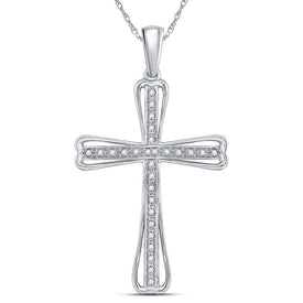 Sterling Silver Round Diamond Sterling Silver Womens Cross Pendant 1/10 Cttw - Splendid Jewellery