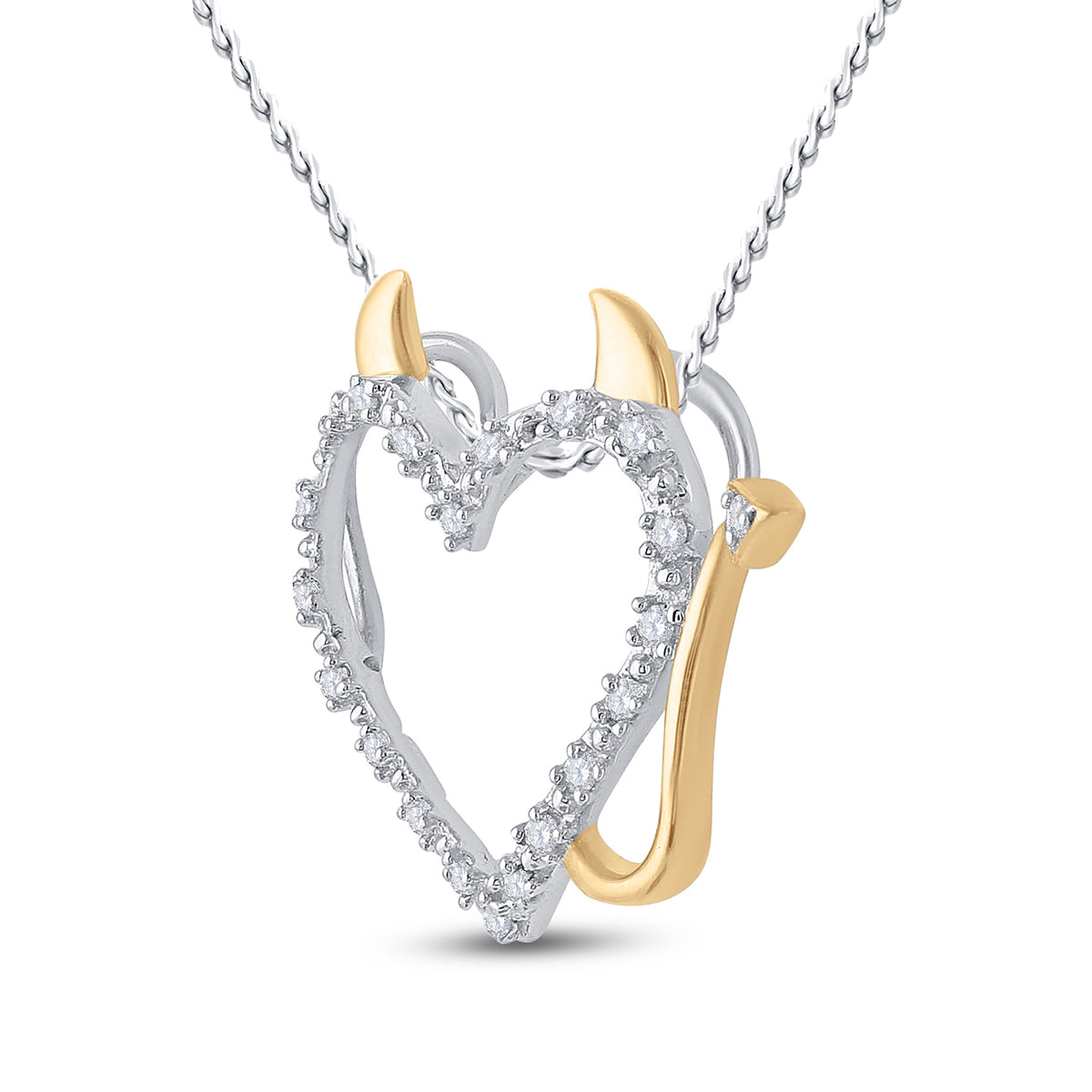 Sterling Silver Round Diamond Yellow - Tone Sterling Silver Womens Horned Heart Pendant 1/20 Cttw - Splendid Jewellery