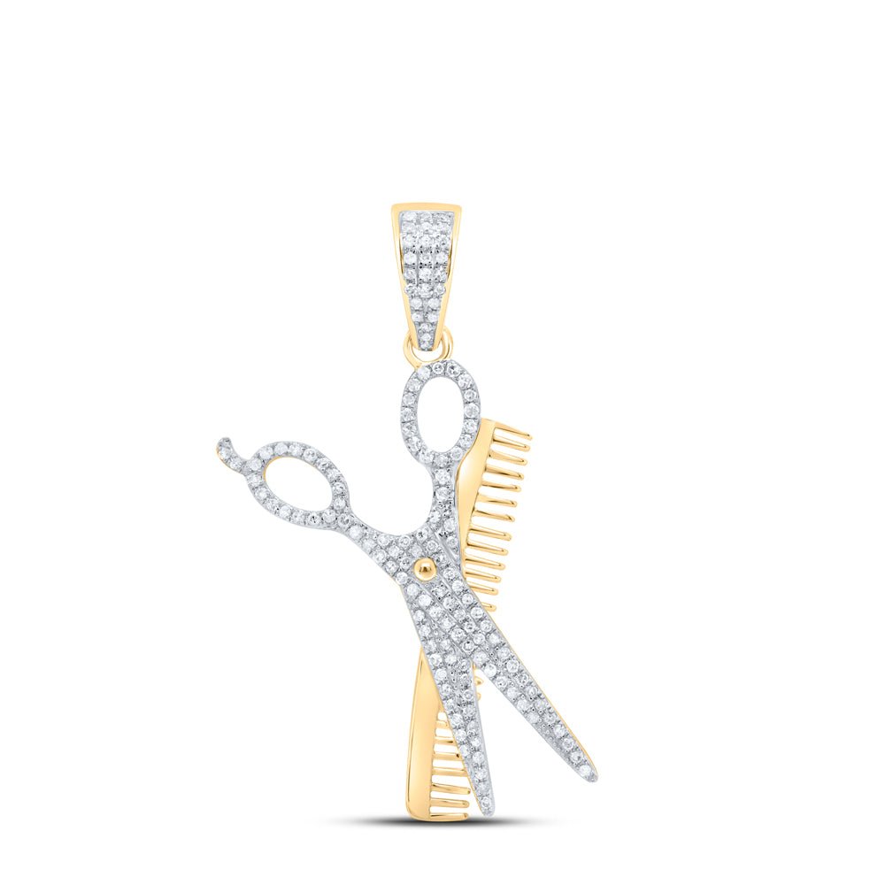 10K Yellow Gold Round Diamond Scissors Comb Barber Charm Pendant 3/4 Cttw - Splendid Jewellery