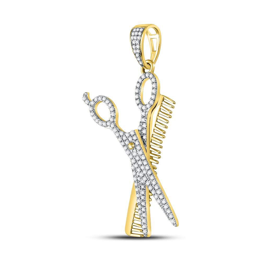 10K Yellow Gold Round Diamond Scissors Comb Barber Charm Pendant 3/4 Cttw - Splendid Jewellery