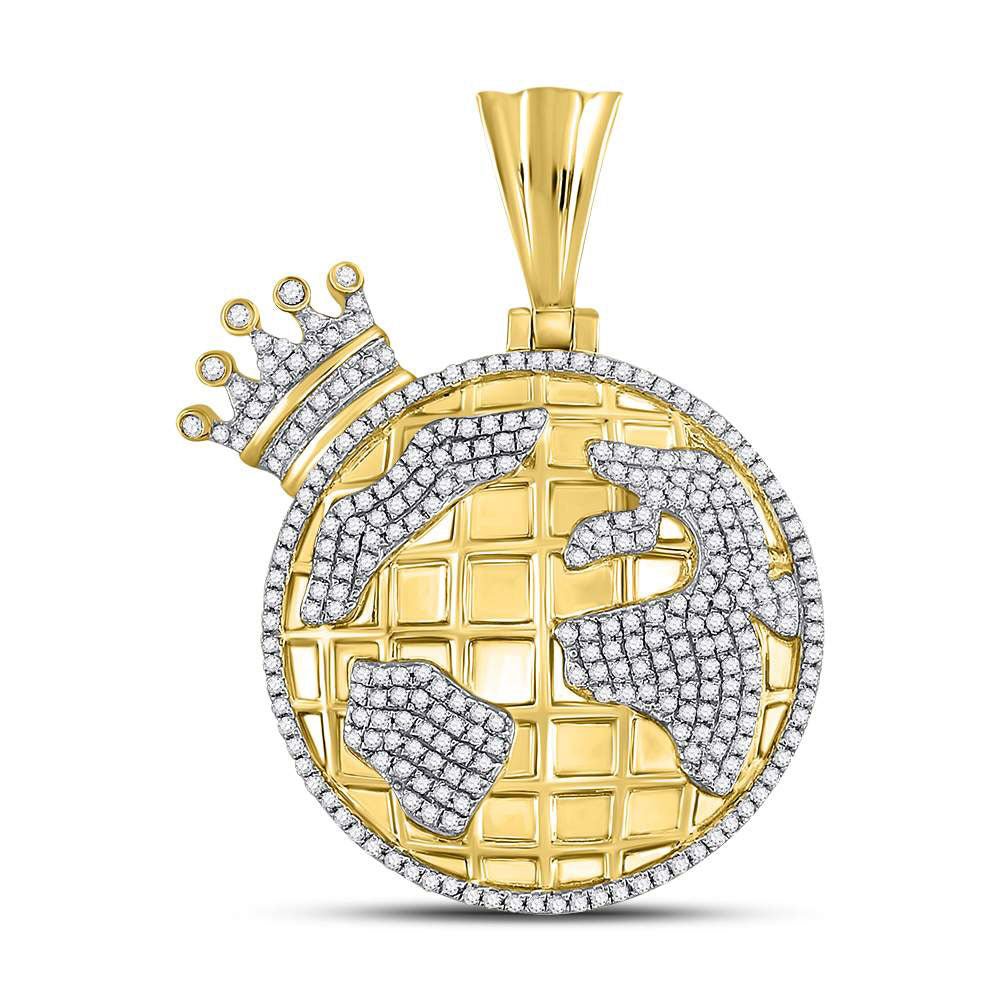 10K Yellow Gold Round Diamond Globe Crown King Charm Pendant 3/4 Cttw - Splendid Jewellery