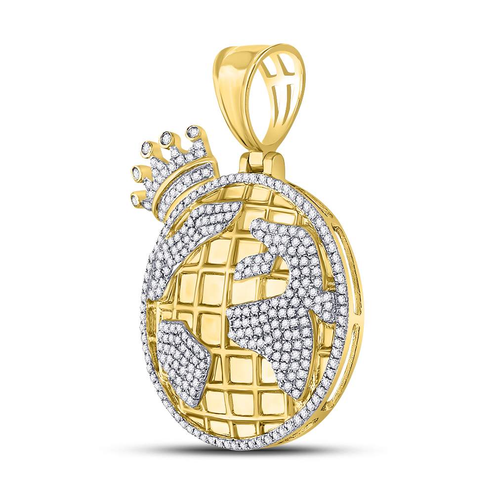 10K Yellow Gold Round Diamond Globe Crown King Charm Pendant 3/4 Cttw - Splendid Jewellery