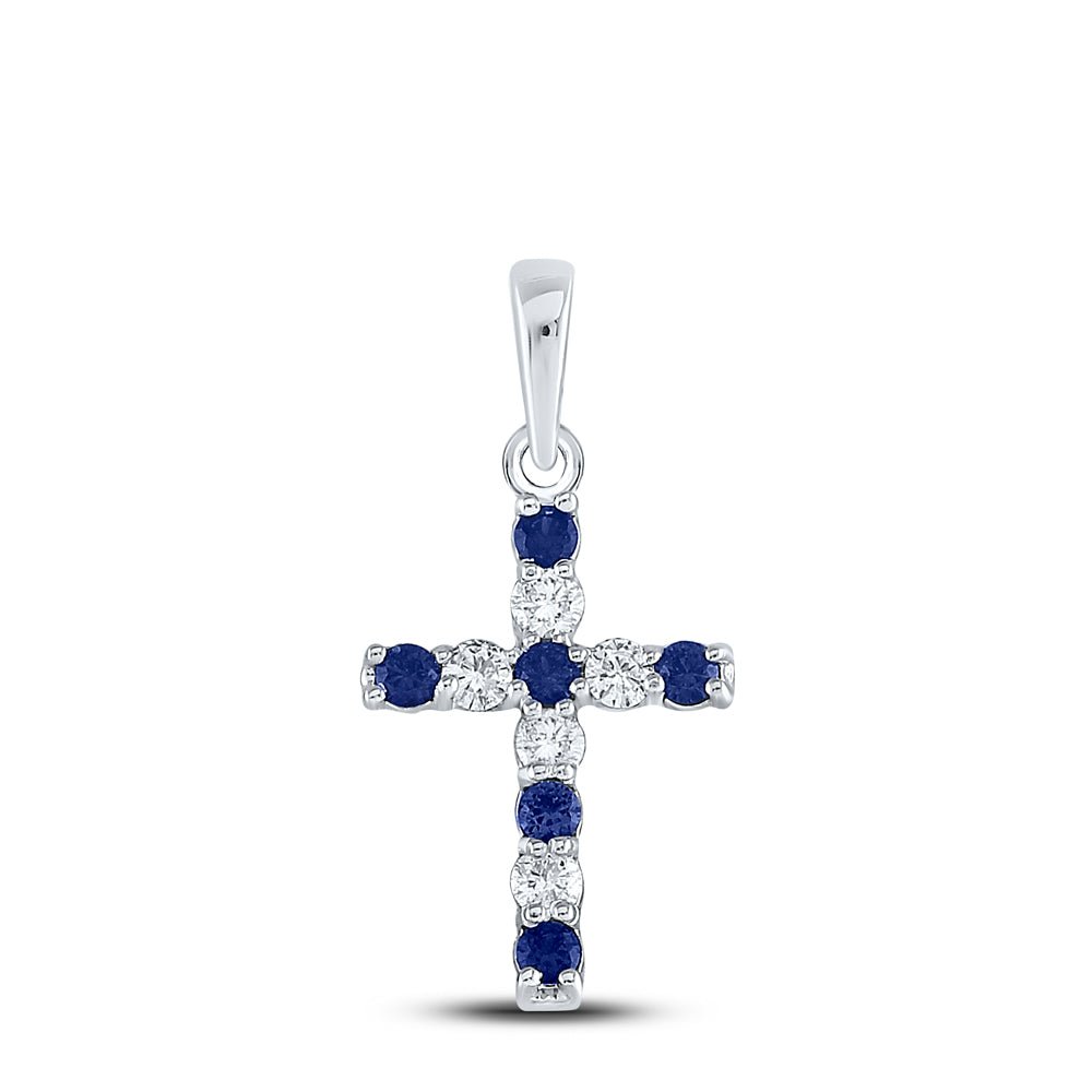 10K White Gold Round Lab - Created Blue Sapphire Cross Faith Pendant 1/6 Cttw - Splendid Jewellery