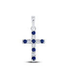 10K White Gold Round Lab - Created Blue Sapphire Cross Faith Pendant 1/6 Cttw - Splendid Jewellery