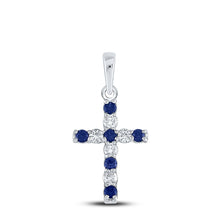 Load image into Gallery viewer, 10K White Gold Round Lab - Created Blue Sapphire Cross Faith Pendant 1/6 Cttw - Splendid Jewellery