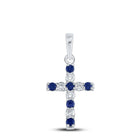 10K White Gold Round Lab - Created Blue Sapphire Cross Faith Pendant 1/6 Cttw - Splendid Jewellery