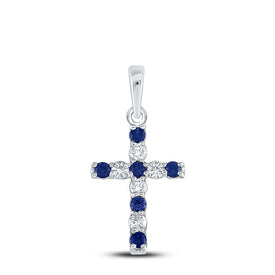 10K White Gold Round Lab - Created Blue Sapphire Cross Faith Pendant 1/6 Cttw - Splendid Jewellery