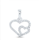 10K White Gold Round Diamond Womens Double Heart Pendant 1/10 Cttw - Splendid Jewellery
