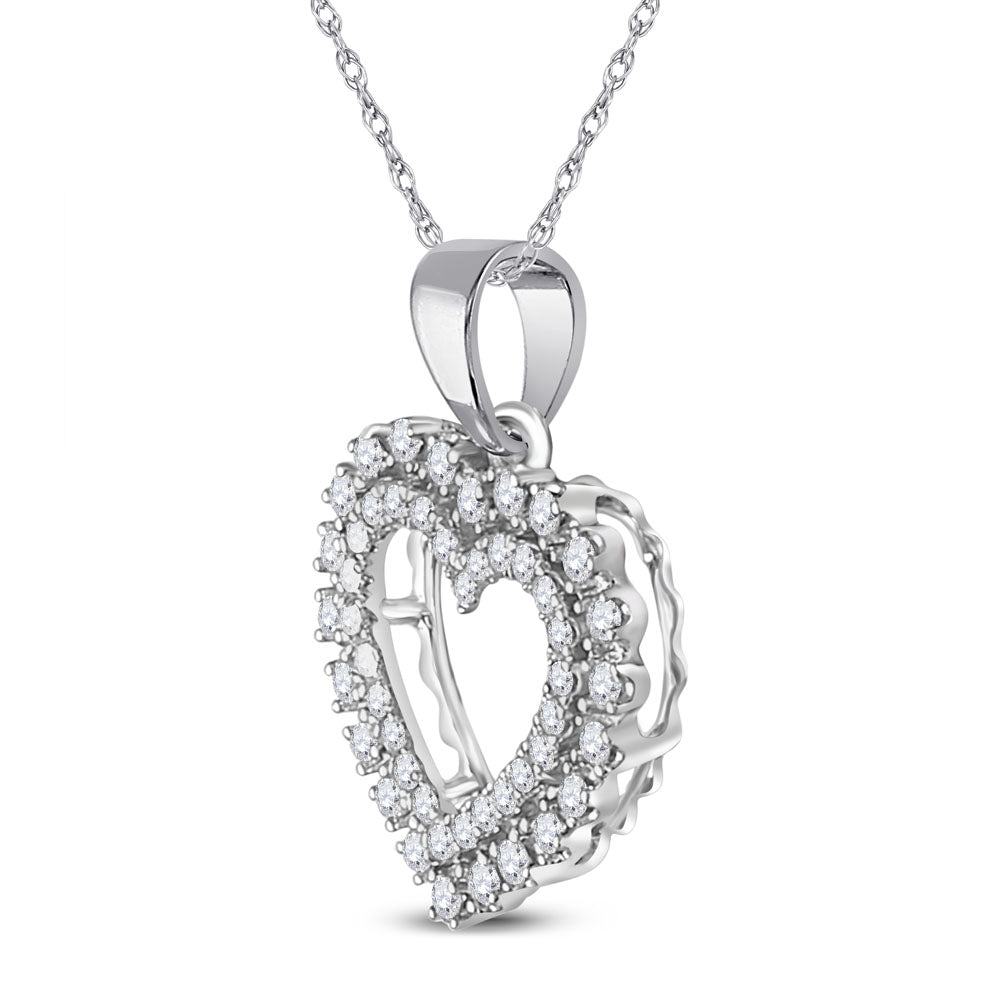 14K White Gold Round Diamond Womens Double Outline Heart Pendant 3/8 Cttw - Splendid Jewellery