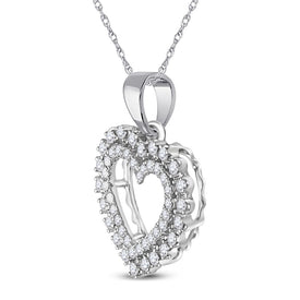 14K White Gold Round Diamond Womens Double Outline Heart Pendant 3/8 Cttw - Splendid Jewellery