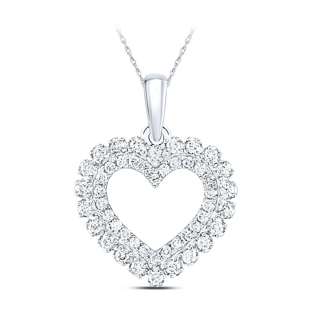 14K White Gold Round Diamond Womens Double Outline Heart Pendant 3/8 Cttw - Splendid Jewellery