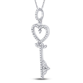 10K White Gold Round Diamond Womens Key Heart Pendant 1/5 Cttw - Splendid Jewellery