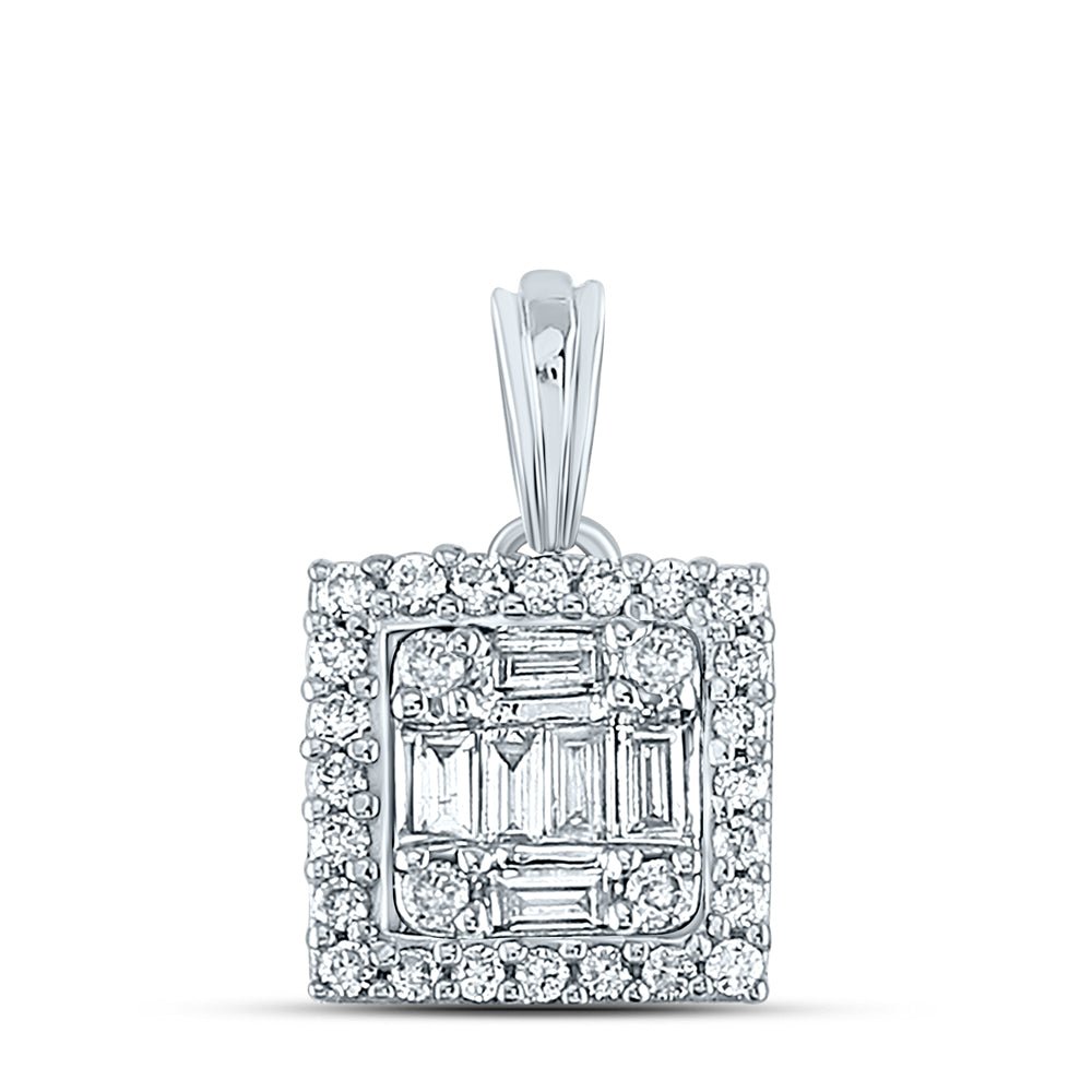 14K White Gold Baguette Diamond Womens Baguette Square Cluster Pendant 1/5 Cttw - Splendid Jewellery