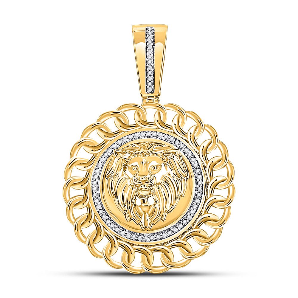 10K Yellow Gold Round Diamond Lion Head Circle Charm Pendant 1/5 Cttw - Splendid Jewellery