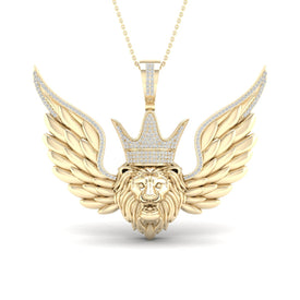 10K Yellow Gold Round Diamond P1p2 Lion Face Charm Pendant 1/2 Cttw - Splendid Jewellery