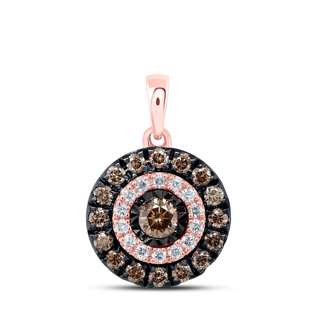 14K Rose Gold Round Brown Diamond Womens Halo Solitaire Pendant 3/8 Cttw - Splendid Jewellery