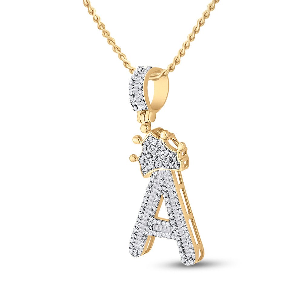 10K Yellow Gold Baguette Diamond Crown A Letter Charm Pendant 7/8 Cttw - Splendid Jewellery