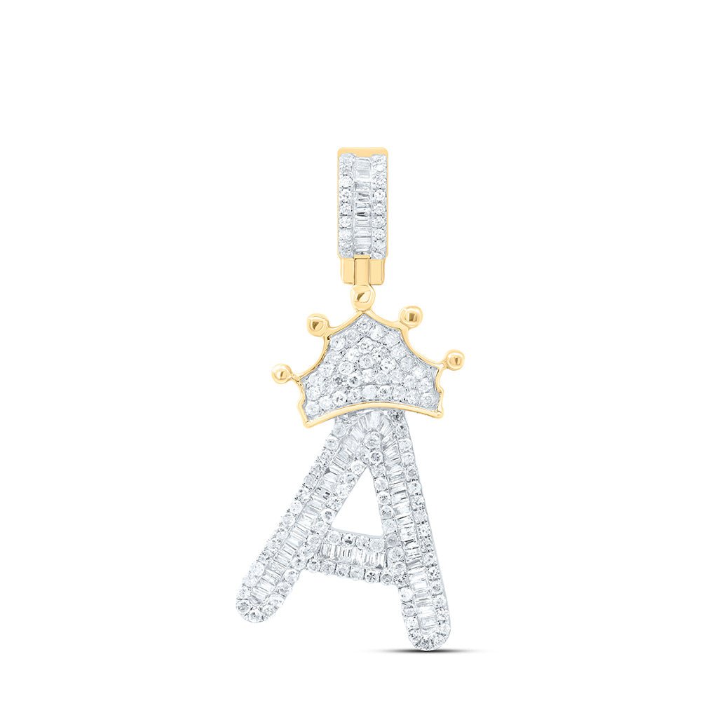 10K Yellow Gold Baguette Diamond Crown A Letter Charm Pendant 7/8 Cttw - Splendid Jewellery