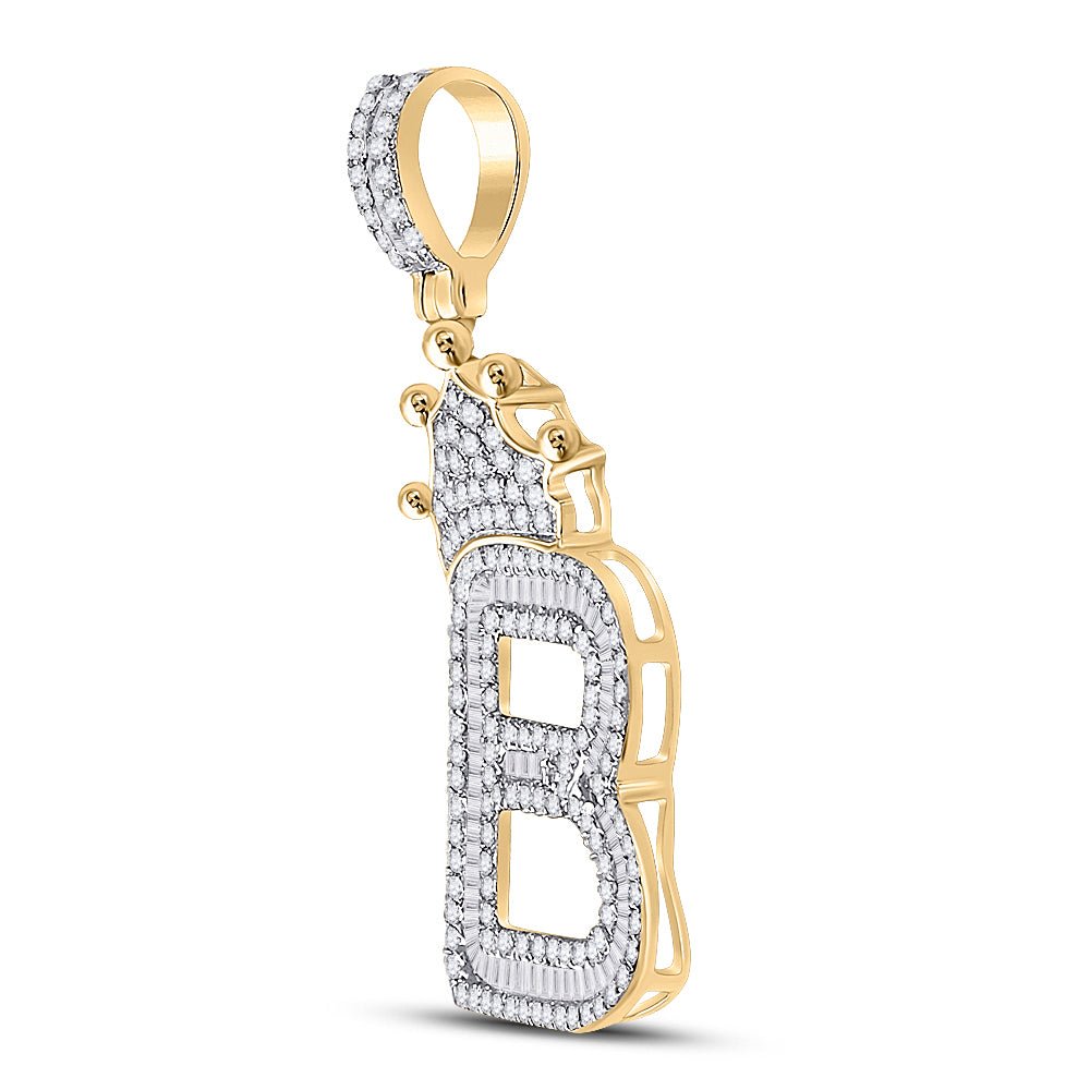 10K Yellow Gold Baguette Diamond P1 Crown Initial "B" Charm Pendant 1 Cttw - Splendid Jewellery