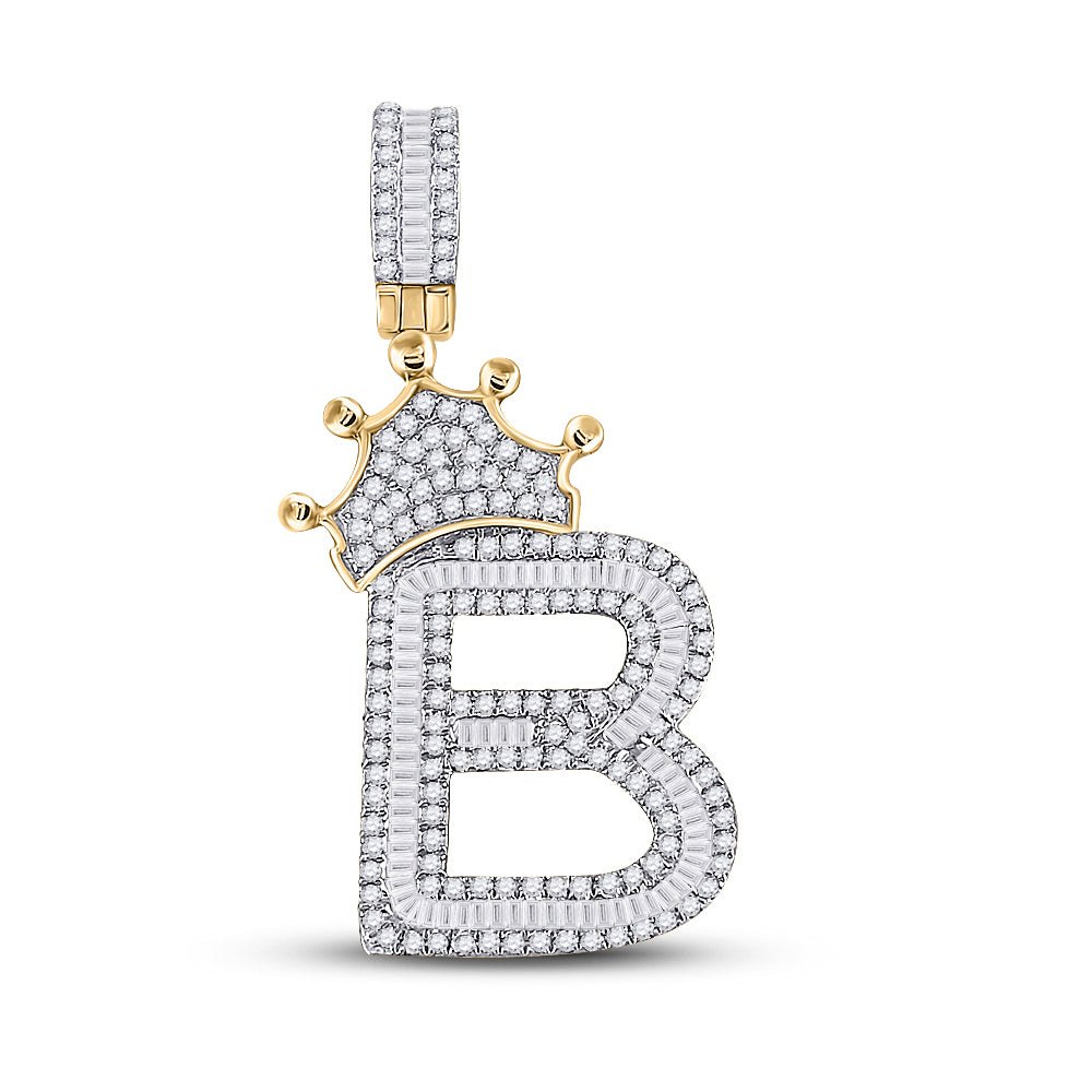 10K Yellow Gold Baguette Diamond P1 Crown Initial "B" Charm Pendant 1 Cttw - Splendid Jewellery