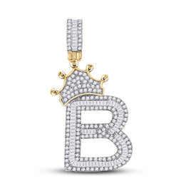 10K Yellow Gold Baguette Diamond P1 Crown Initial "B" Charm Pendant 1 Cttw - Splendid Jewellery