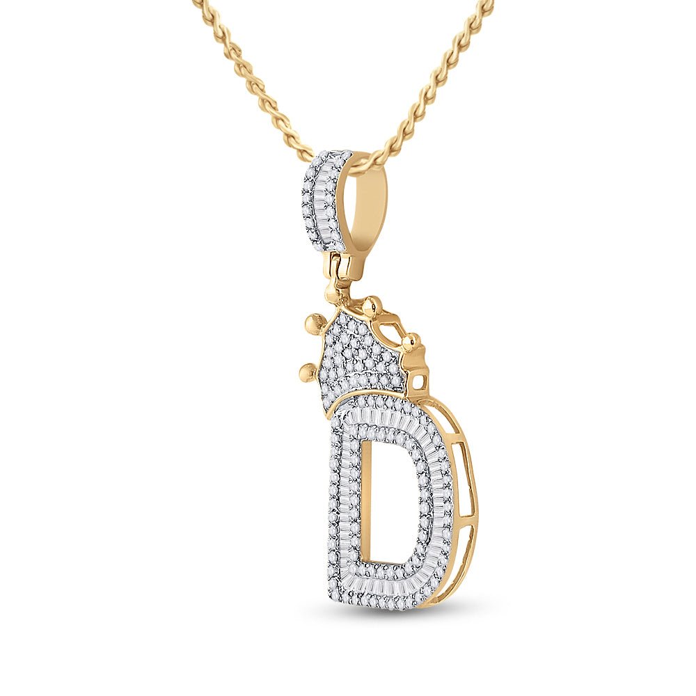 10K Yellow Gold Baguette Diamond P1p2 Crown Initial "D" Charm Pendant 3/4 Cttw - Splendid Jewellery