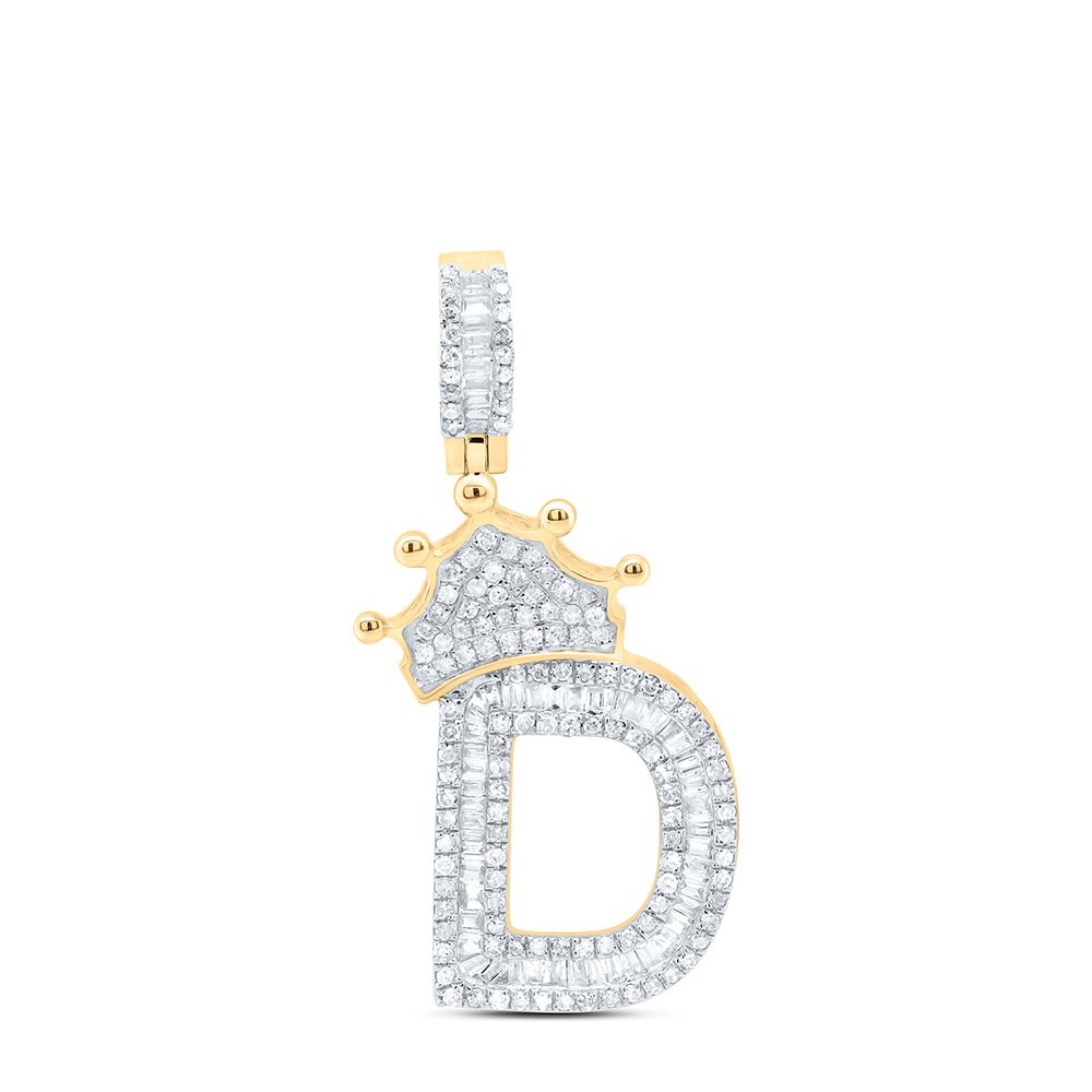 10K Yellow Gold Baguette Diamond P1p2 Crown Initial "D" Charm Pendant 3/4 Cttw - Splendid Jewellery
