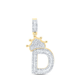 10K Yellow Gold Baguette Diamond P1p2 Crown Initial "D" Charm Pendant 3/4 Cttw - Splendid Jewellery