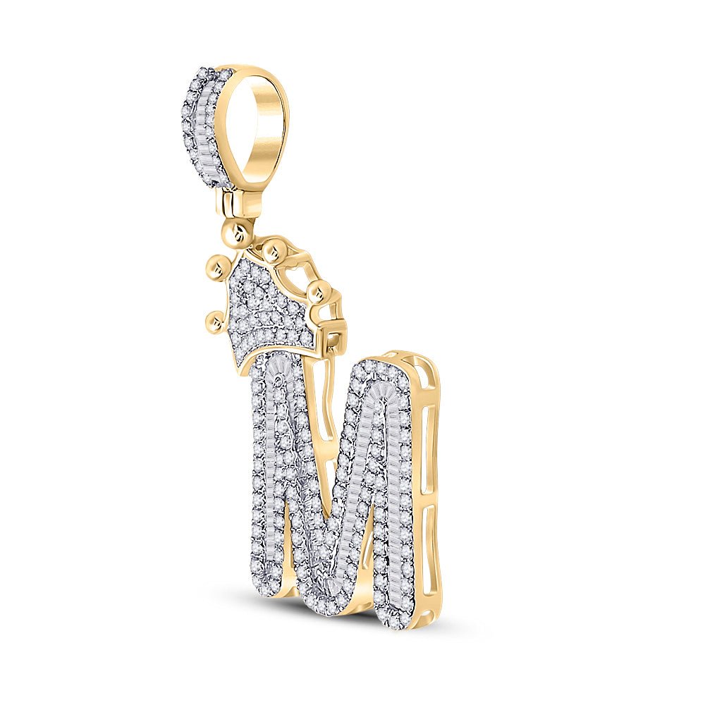 10K Yellow Gold Baguette Diamond P1 Crown Initial "M" Charm Pendant 7/8 Cttw - Splendid Jewellery