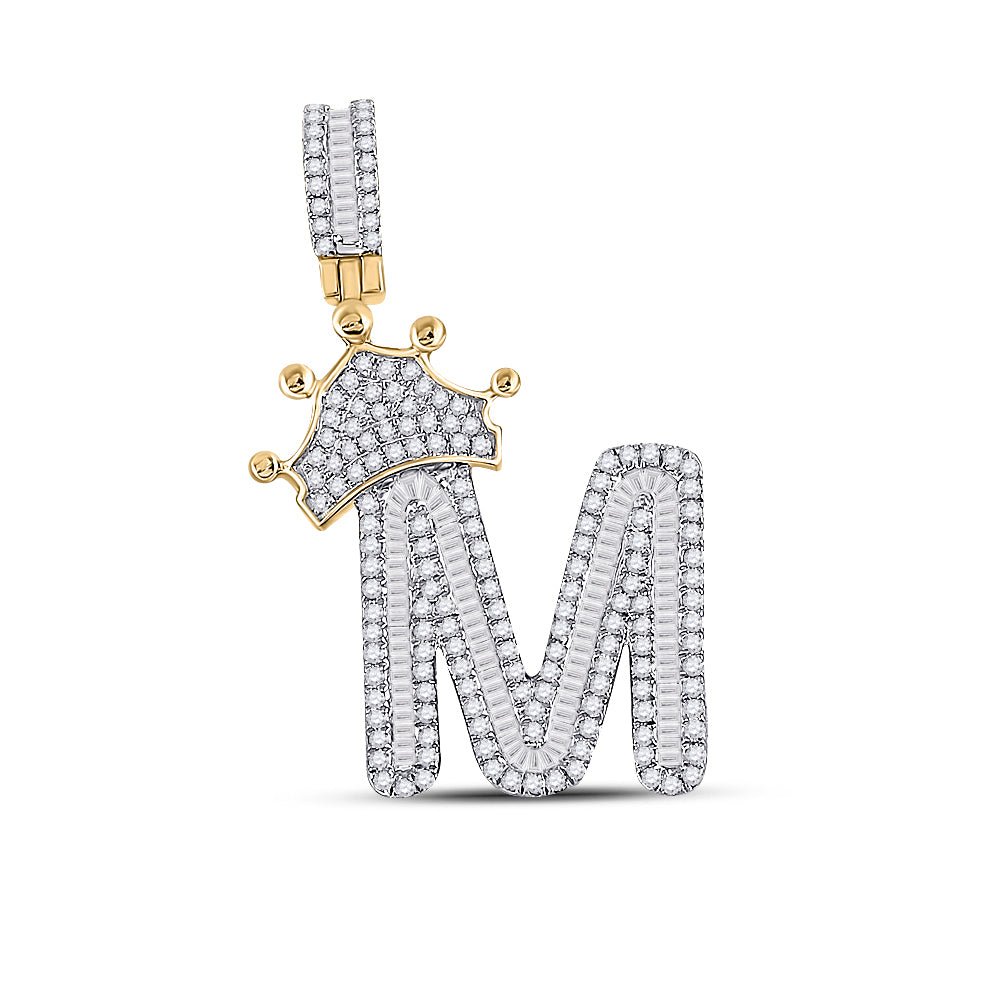10K Yellow Gold Baguette Diamond P1 Crown Initial "M" Charm Pendant 7/8 Cttw - Splendid Jewellery