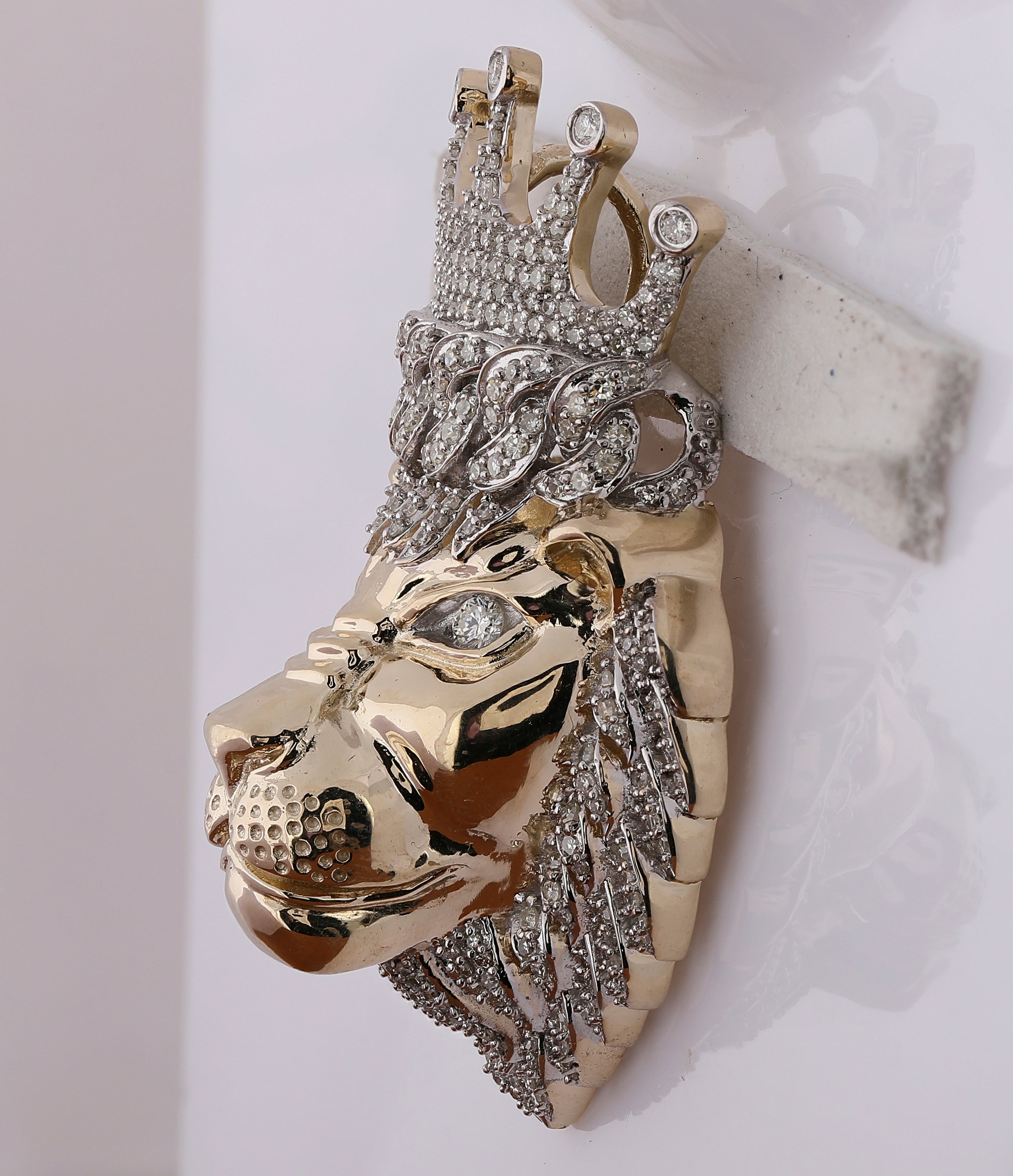 10K Yellow Gold Round Diamond Lion Face Charm Pendant 1 3/4 Cttw - Splendid Jewellery