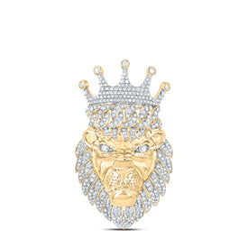 10K Yellow Gold Round Diamond Lion Face Charm Pendant 1 3/4 Cttw - Splendid Jewellery