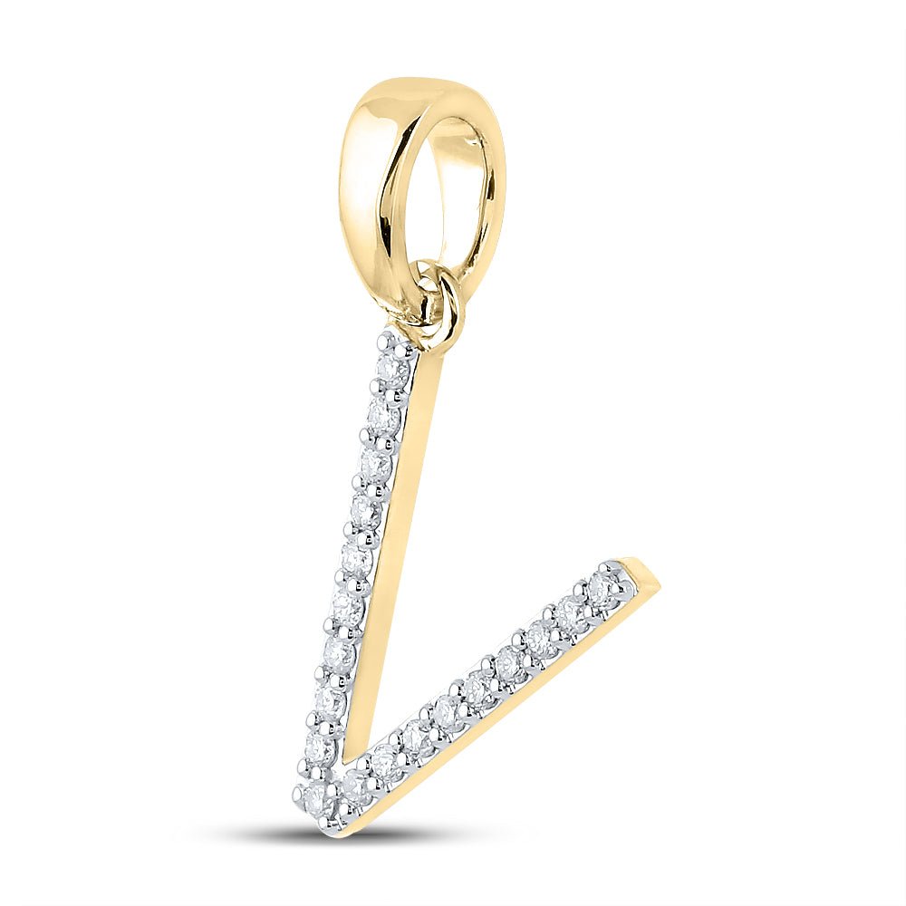 14K Yellow Gold Round Diamond V Initial Letter Pendant 1/8 Cttw - Splendid Jewellery