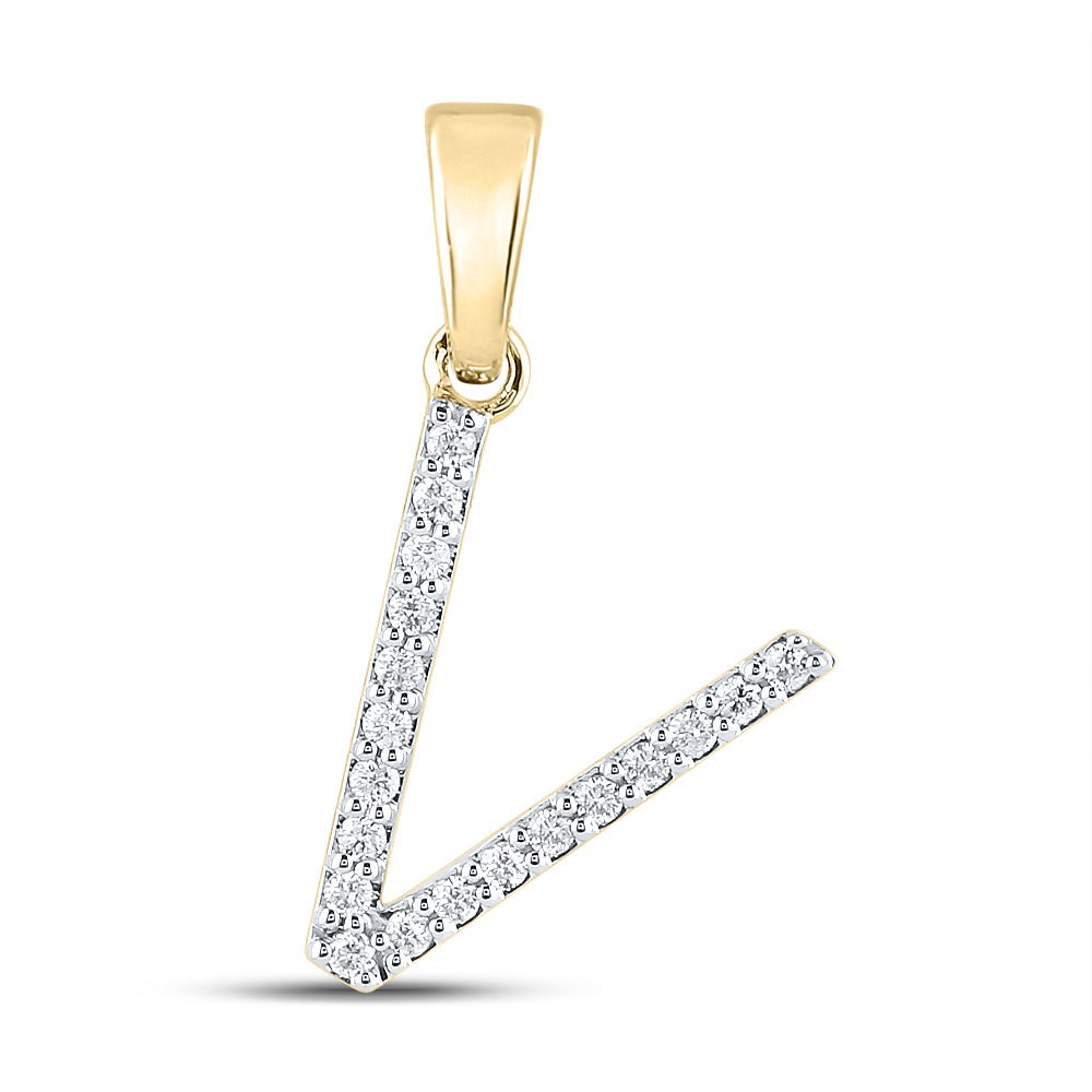14K Yellow Gold Round Diamond V Initial Letter Pendant 1/8 Cttw - Splendid Jewellery